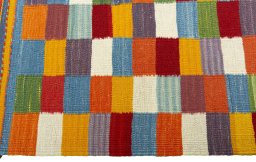 Close-up detail of New Kilim Sofre rug from Turkey showing Wool weave