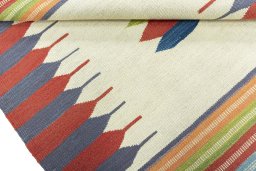 Full view of New Kilim Sofre rug from Turkey, 109 × 99 cm in Multi Color tones