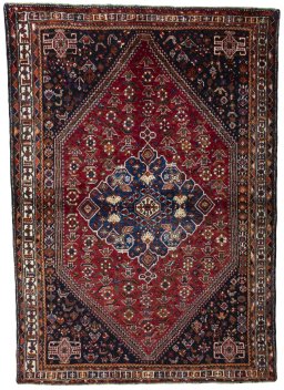 Full view of 2000s Shiraz rug from Iran / Persia, 215 × 151 cm in Red tones