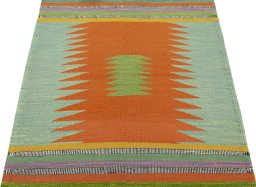 Close-up detail of New Kilim Sofre rug from Turkey showing Wool weave