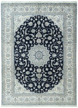 Full view of New Nain rug from Iran / Persia, 338 × 250 cm in Blue tones