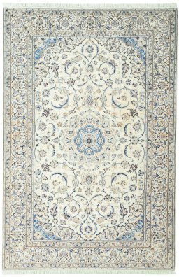 Full view of New Nain rug from Iran / Persia, 306 × 203 cm in Beige tones