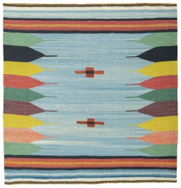 Full view of New Kilim Sofre rug from Turkey, 108 × 104 cm in Multi Color tones