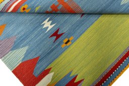 Full view of New Kilim Sofre rug from Turkey, 105 × 107 cm in Multi Color tones