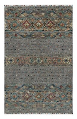 Full view of New Samarkand rug from Pakistan, 242 × 157 cm in Gray tones