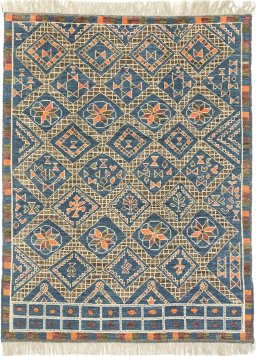 Full view of New Morocco rug from Pakistan, 296 × 224 cm in Dark blue tones