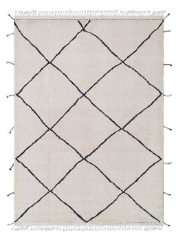 Full view of New Morocco rug from Pakistan, 227 × 165 cm in Beige tones