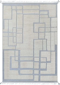Full view of New Morocco rug from Pakistan, 256 × 178 cm in Beige tones