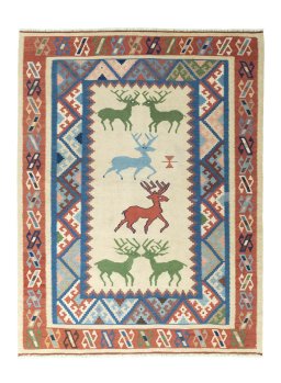 Full view of 2000s Kilim Dastan rug from Iran / Persia, 192 × 147 cm in Beige tones