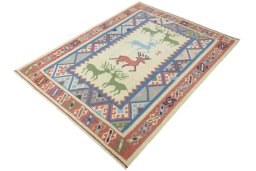 Corner detail of 2000s Kilim Dastan rug showing border pattern and Wool pile