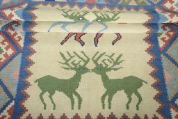 Full view of 2000s Kilim Dastan rug from Iran / Persia, 192 × 147 cm in Beige tones
