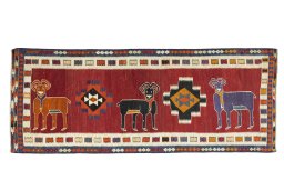 Full view of 2000s Kilim Dastan rug from Iran / Persia, 307 × 120 cm in Red tones