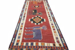 Close-up detail of 2000s Kilim Dastan rug from Iran / Persia showing Wool weave