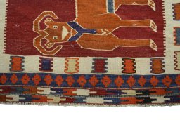 Backside of handmade 2000s Kilim Dastan rug showing knot structure and weave density