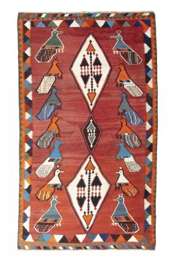 Full view of 2000s Kilim Dastan rug from Iran / Persia, 282 × 164 cm in Red tones