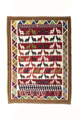 Full view of New Kilim Dastan rug from Iran / Persia, 246 × 184 cm in Multi Color tones