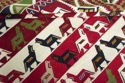 Full view of New Kilim Dastan rug from Iran / Persia, 246 × 184 cm in Multi Color tones