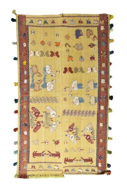 Full view of 1970s Kilim Dastan rug from Iran / Persia, 276 × 158 cm in Yellow tones