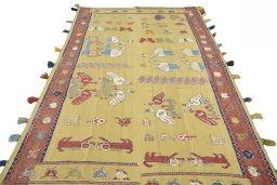 Close-up detail of 1970s Kilim Dastan rug from Iran / Persia showing Wool weave