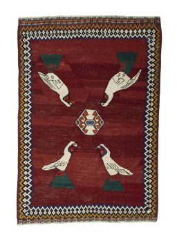 Full view of 2000s Kilim Dastan rug from Iran / Persia, 212 × 147 cm in Red tones