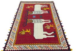 Close-up detail of 2000s Kilim Dastan rug from Iran / Persia showing Wool weave