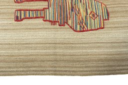 Close-up detail of 2000s Kilim Dastan rug from Iran / Persia showing Wool weave