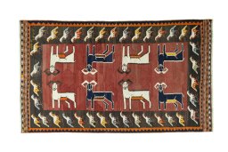 Full view of 1970s Kilim Dastan rug from Iran / Persia, 268 × 157 cm in Red tones