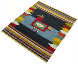 Corner detail of New Kilim Dastan rug showing border pattern and Wool pile