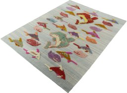 Corner detail of New Kilim Dastan rug showing border pattern and Wool pile