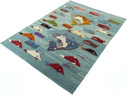 Corner detail of New Kilim Dastan rug showing border pattern and Wool pile