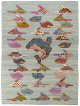 Full view of New Kilim Dastan rug from Turkey, 192 × 144 cm in Gray tones