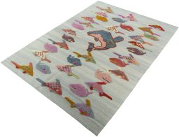 Corner detail of New Kilim Dastan rug showing border pattern and Wool pile