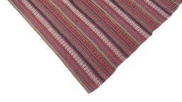 Backside of handmade 1920s Kilim Jajim rug showing knot structure and weave density