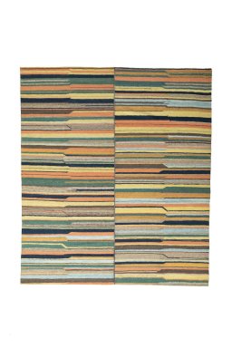 Full view of New Kilim Kiasar rug from Iran / Persia, 245 × 212 cm in Multi Color tones