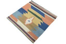 Corner detail of New Kilim Sofre rug showing border pattern and Wool pile