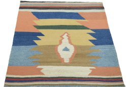 Close-up detail of New Kilim Sofre rug from Iran / Persia showing Wool weave