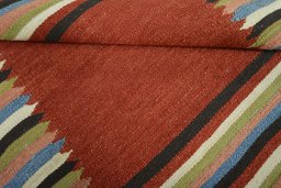 Full view of New Kilim Sofre rug from Iran / Persia, 104 × 100 cm in Multi Color tones