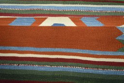 Full view of New Kilim Sofre rug from Iran / Persia, 102 × 104 cm in Multi Color tones