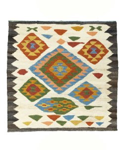 Full view of New Kilim Sofre rug from Iran / Persia, 102 × 103 cm in Beige tones