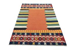 Close-up detail of New Kilim Sofre rug from Iran / Persia showing Wool weave
