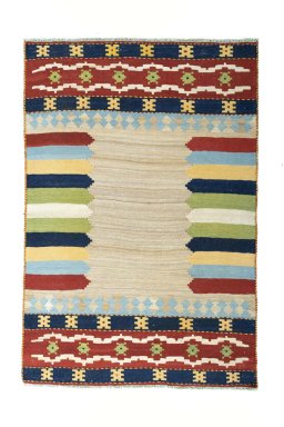 Full view of New Kilim Sofre rug from Iran / Persia, 186 × 124 cm in Multi Color tones