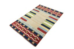 Corner detail of New Kilim Sofre rug showing border pattern and Wool pile
