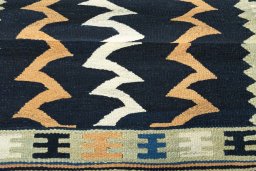 Full view of New Kilim Sofre rug from Iran / Persia, 99 × 95 cm in Multi Color tones