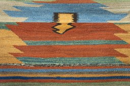 Full view of New Kilim Sofre rug from Iran / Persia, 105 × 104 cm in Multi Color tones