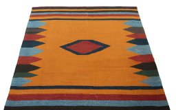 Close-up detail of New Kilim Sofre rug from Iran / Persia showing Wool weave