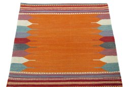 Close-up detail of New Kilim Sofre rug from Iran / Persia showing Wool weave