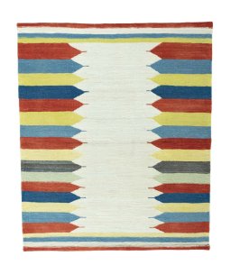Full view of New Kilim Sofre rug from Iran / Persia, 110 × 93 cm in Beige tones