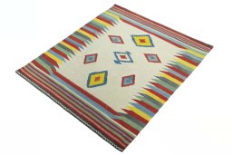 Corner detail of New Kilim Sofre rug showing border pattern and Wool pile