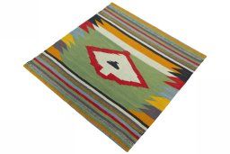 Corner detail of New Kilim Sofre rug showing border pattern and Wool pile