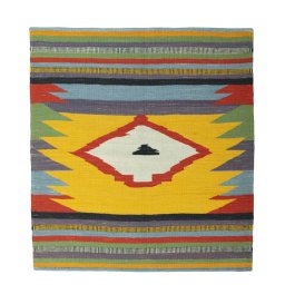 Full view of New Kilim Sofre rug from Iran / Persia, 108 × 99 cm in Multi Color tones